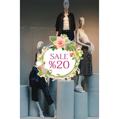 Çiçeklerle Sarılı Olan Sale Yüzde 20 İndirim Yazısı Vitrin Stickerı