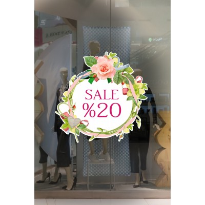 Çiçeklerle Sarılı Olan Sale Yüzde 20 İndirim Yazısı Vitrin Stickerı