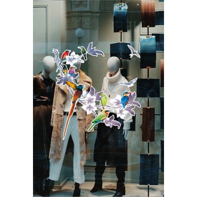 Çiçekli Ağaç Dallının Üstünde Renkli Kuşlar Mağaza Vitrin Cam Stickerı