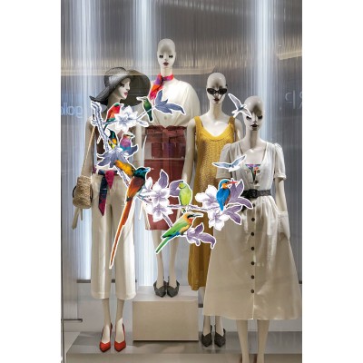 Çiçekli Ağaç Dallının Üstünde Renkli Kuşlar Mağaza Vitrin Cam Stickerı