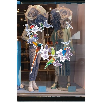 Çiçekli Ağaç Dallının Üstünde Renkli Kuşlar Mağaza Vitrin Cam Stickerı