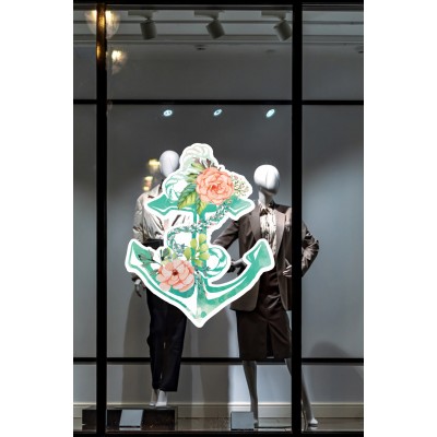 Deniz Çapası ve Güller Vitrin Süsü Mağaza Vitrin Tasarımı Cam Stickerı