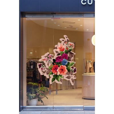 Kırmızı & Koyu Mavi Renk Çiçekler Vitrin Tacı ve Mağaza Vitrin Cam Stickerı