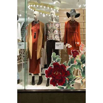 Kırmızı & Mavi Renk Çiçekler Vitrin Tacı ve Mağaza Vitrin Cam Stickerı