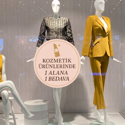 Kozmetik Ürünlerinde 1 Alana 1 Bedava Vitrin Stickerı – Pastel Pembe Kampanya Cam Etiketi