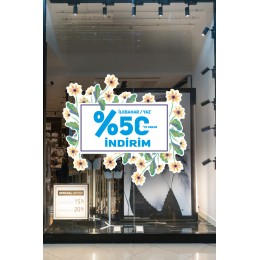 Mavi Renk İlkbahar Yaz %50 İndirim Yazısı Mağaza Vitrin Cam Stickerı