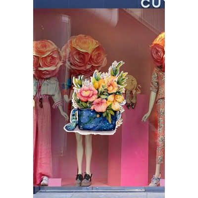 Mavi Renk Sepet İçinde Çiçekler Vitrin Tacı ve Mağaza Vitrin Cam Stickerı