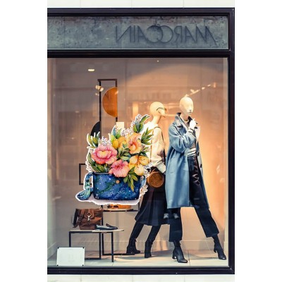 Mavi Renk Sepet İçinde Çiçekler Vitrin Tacı ve Mağaza Vitrin Cam Stickerı