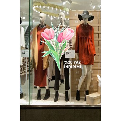 Pembe Çiçek Demeti Ve %20 Yaz İndirimi Yazısı Vitrin Cam Stickerı