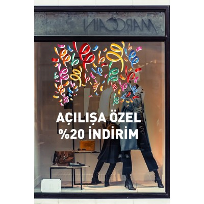 Rengerank Havada Uçuşan Kurdelalar ve İndirim Yazısı Vitrin Cam Stickerı