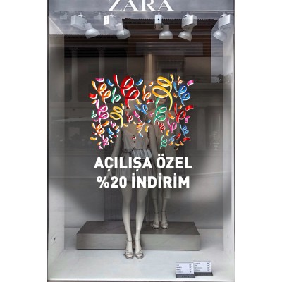 Rengerank Havada Uçuşan Kurdelalar ve İndirim Yazısı Vitrin Cam Stickerı