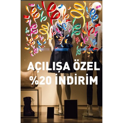 Rengerank Havada Uçuşan Kurdelalar ve İndirim Yazısı Vitrin Cam Stickerı