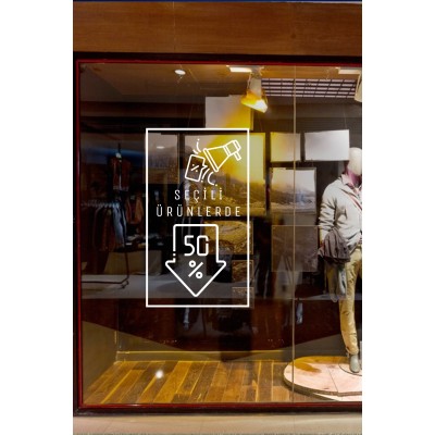  Seçili Ürünlerde Yüzde %50 İndirim Yazısı Butik Mağaza Vitrin Stickerı