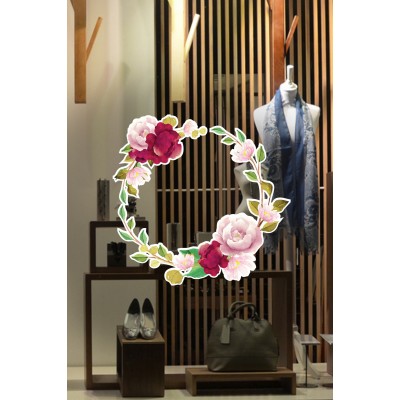 Taç Şeklinde Çiçekler Vitrin Tacı ve Mağaza Vitrin Cam Stickerı