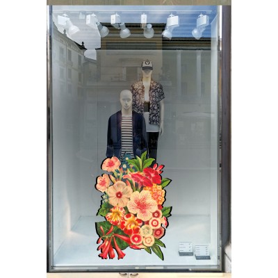 Tropikal Çiçek Demeti Vitrin Tacı Mağaza Vitrin Cam Stickerı