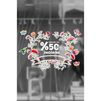 Uçuşan Kelebekler İlkbahar Yaz %50 İndirim Yazısı Mağaza Vitrin Cam Stickerı