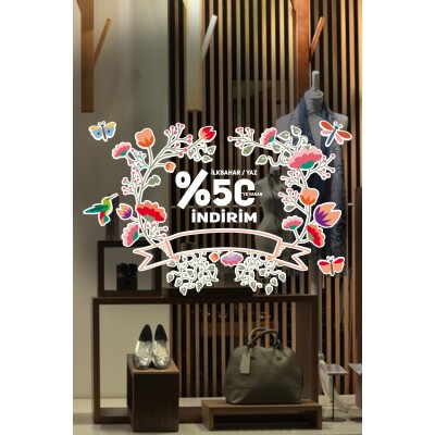 Uçuşan Kelebekler İlkbahar Yaz %50 İndirim Yazısı Mağaza Vitrin Cam Stickerı
