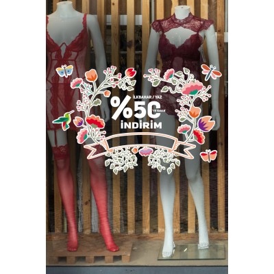 Uçuşan Kelebekler İlkbahar Yaz %50 İndirim Yazısı Mağaza Vitrin Cam Stickerı