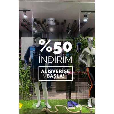 Yüzde % 50 İndirim Alışverişe Başla Yazısı Butik Mağaza Vitrin Stickerı