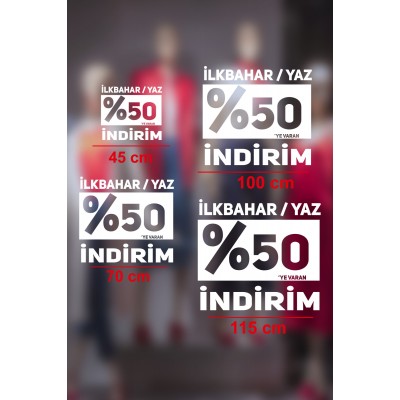İlkbahar Yaz % 50 ‘ye varan İndirim Yazısı Mağaza Vitrin Cam Stickerı