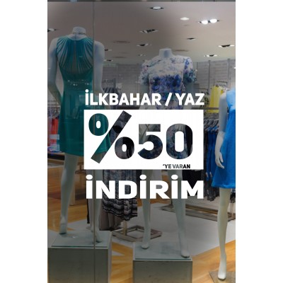 İlkbahar Yaz % 50 ‘ye varan İndirim Yazısı Mağaza Vitrin Cam Stickerı