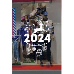 2024 Yazısının Üzerinde Geyik Altında Sevimli Hediye Paketleri Yılbaşı Süslemeleri Ev Vitrin Yılbaşı Stickerı