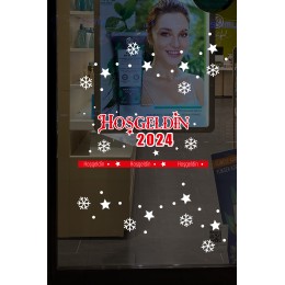 Detaylı Hoşgeldin 2023 Yazısı Kar Taneleri ve Yılbaşı Vitrin Stickerları 70x70cm