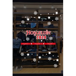 Detaylı Hoşgeldin 2023 Yazısı Kar Taneleri ve Yılbaşı Vitrin Stickerları 70x70cm
