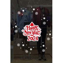 Happy New Year 2023 Yazısı Kar Taneleri ve Yılbaşı Vitrin Stickerları 70x70cm