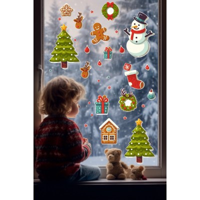 Kardan Adam Çam Ağaçları Süsleme Yeni Yıl Çocuk Bebek Odası Sticker Seti Ev Vitrin Yılbaşı Stickerı