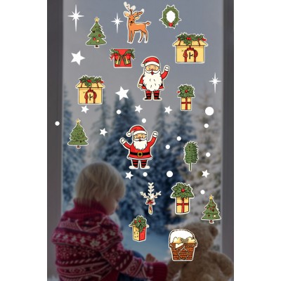 Noel Baba ve Hediyeler Süsleme Yeni Yıl Çocuk Bebek Odası Sticker Seti Ev Vitrin Yılbaşı Stickerı