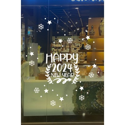 Happy New Year 2023 Yazısı ve Geyik Yılbaşı Süslemeleri Yeni Yıl Yılbaşı Vitrin Cam Sticker