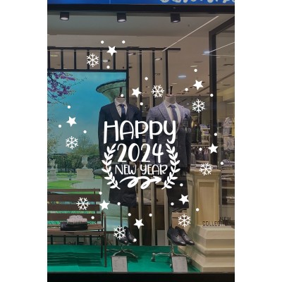 Happy New Year 2023 Yazısı ve Geyik Yılbaşı Süslemeleri Yeni Yıl Yılbaşı Vitrin Cam Sticker