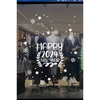 Happy New Year 2023 Yazısı ve Geyik Yılbaşı Süslemeleri Yeni Yıl Yılbaşı Vitrin Cam Sticker