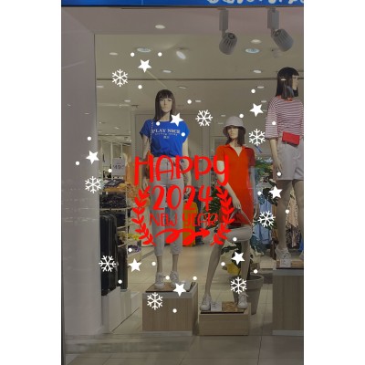 Happy New Year 2023 Yazısı ve Geyik Yılbaşı Süslemeleri Yeni Yıl Yılbaşı Vitrin Cam Sticker