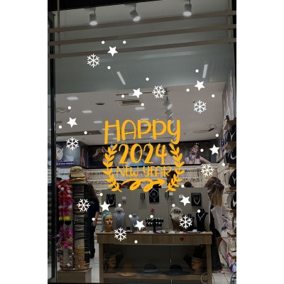 Happy New Year 2023 Yazısı ve Geyik Yılbaşı Süslemeleri Yeni Yıl Yılbaşı Vitrin Cam Sticker