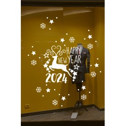 Geyik ve Happy New Year 2024 Yılbaşı Süslemeleri Yeni Yıl Yılbaşı Vitrin Cam Sticker