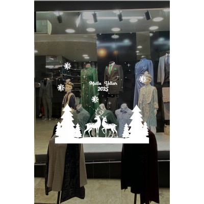 Yılbaşı Süslemeleri Ağaçlar Arasında Geyikler 2025Yazısı 115x100cm