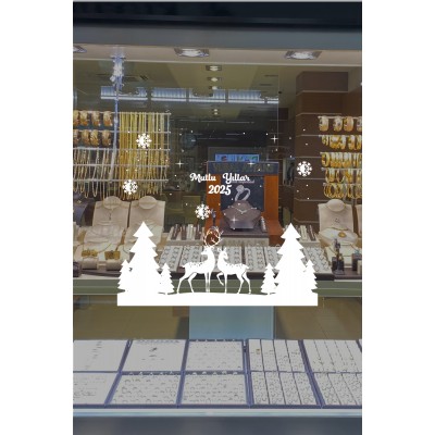 Yılbaşı Süslemeleri Ağaçlar Arasında Geyikler 2025Yazısı 115x100cm