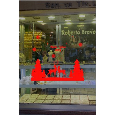 Yılbaşı Süslemeleri Ağaçlar Arasında Geyikler 2025Yazısı 115x100cm