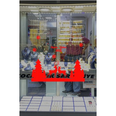 Yılbaşı Süslemeleri Ağaçlar Arasında Geyikler 2025Yazısı 115x100cm