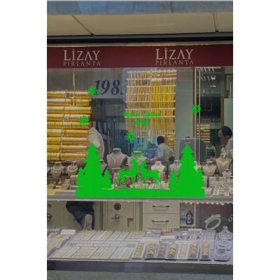 Yılbaşı Süslemeleri Ağaçlar Arasında Geyikler 2025Yazısı 115x100cm