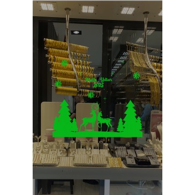 Yılbaşı Süslemeleri Ağaçlar Arasında Geyikler 2025Yazısı 115x100cm