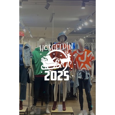 Geyik ve Noel Baba Kar Taneleri ve Hoşgeldin 2025 Yazısı Yılbaşı Süslemeleri Ev Vitrin Yılbaşı Stickerı