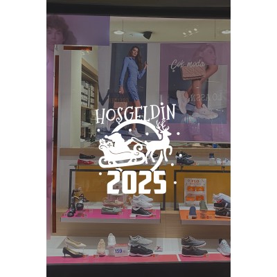 Geyik ve Noel Baba Kar Taneleri ve Hoşgeldin 2025 Yazısı Yılbaşı Süslemeleri Ev Vitrin Yılbaşı Stickerı