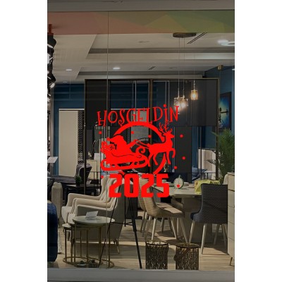 Geyik ve Noel Baba Kar Taneleri ve Hoşgeldin 2025 Yazısı Yılbaşı Süslemeleri Ev Vitrin Yılbaşı Stickerı