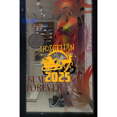 Geyik ve Noel Baba Kar Taneleri ve Hoşgeldin 2025 Yazısı Yılbaşı Süslemeleri Ev Vitrin Yılbaşı Stickerı
