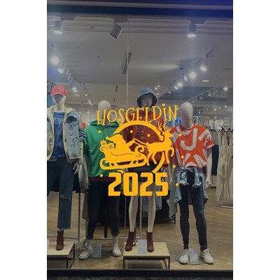 Geyik ve Noel Baba Kar Taneleri ve Hoşgeldin 2025 Yazısı Yılbaşı Süslemeleri Ev Vitrin Yılbaşı Stickerı