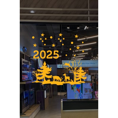Geyikler Çam Ağaçları Kar Taneleri 2025 Yazısı Yılbaşı Süslemeleri Ev Vitrin Yılbaşı Stickerı