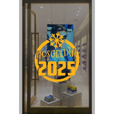 Silindir Üzerinde Büyük Kar Tanesi ve Hoşgeldin 2025 Yazısı Yılbaşı Süslemeleri Ev Vitrin Yılbaşı Stickerı